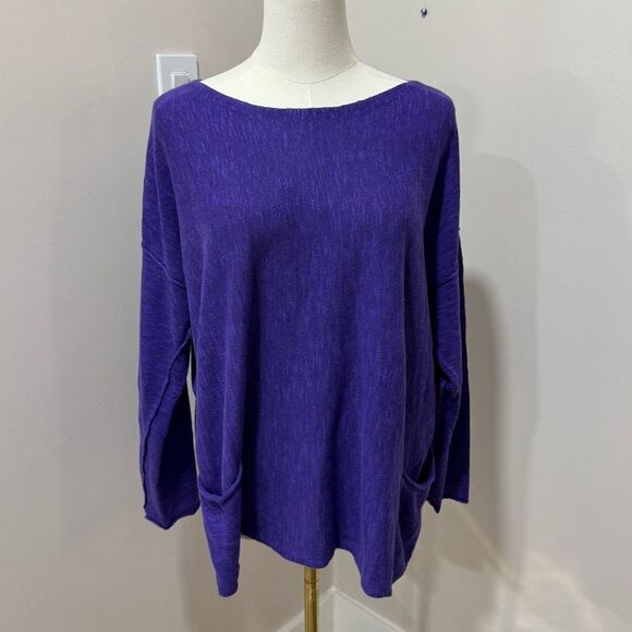 Eileen Fisher Purple Knit lightweight‎ sweater top with front pockets - Picture 1 of 4